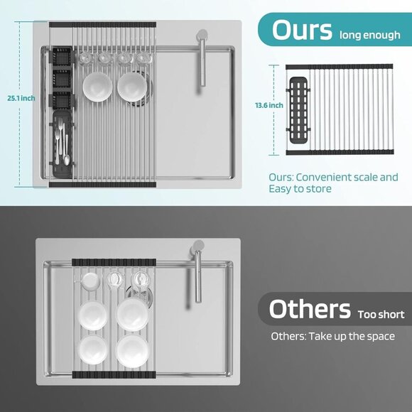 Extra Large Black Expandable Roll Up Dish Drying Rack Up to 25.1''with 2 Storage - Picture 5 of 7